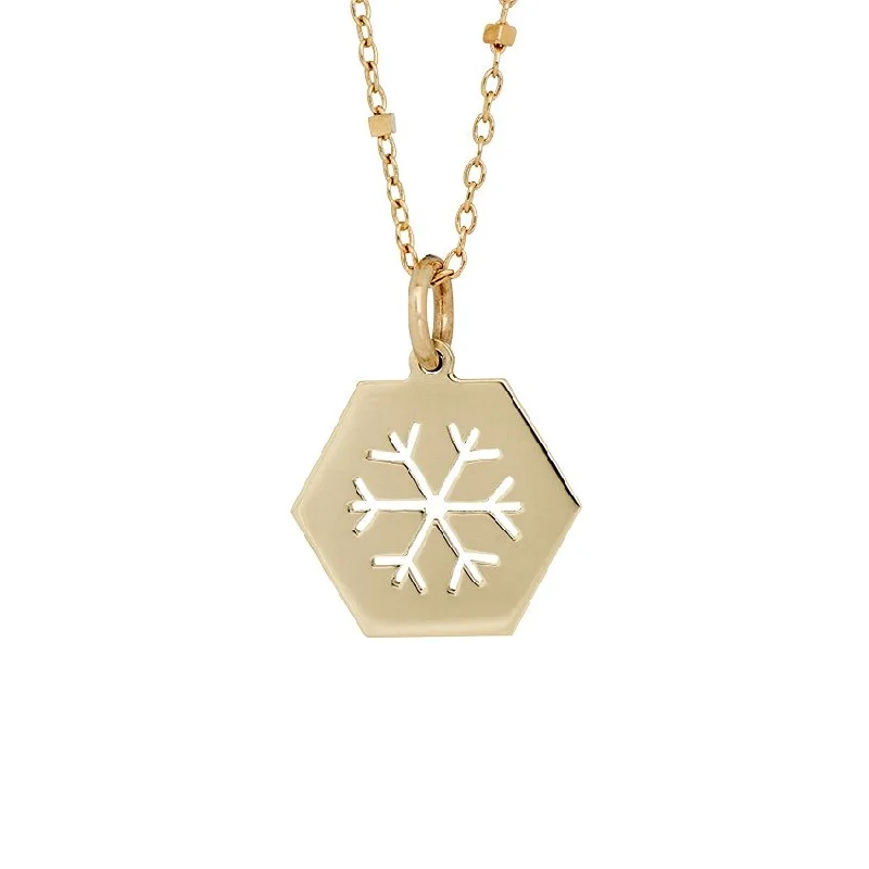 Ladies solid gold necklaces-Snowflake Hexagonal 14K Gold Necklace