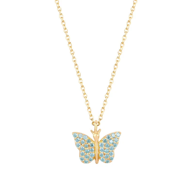 Ladies diamond and ruby necklaces-Butterfly 18K Gold Plated Necklace w. Light Blue Zirconias