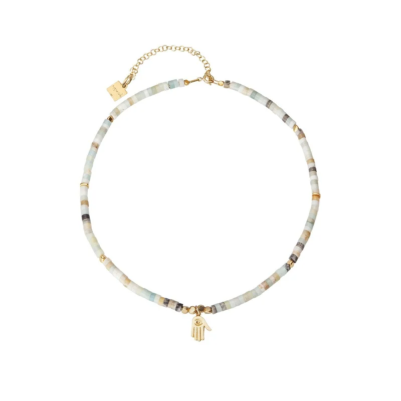 Ladies colorful gemstone necklaces-Pukar Fatima Hand 18K Gold Plated Necklace w. Amazonite