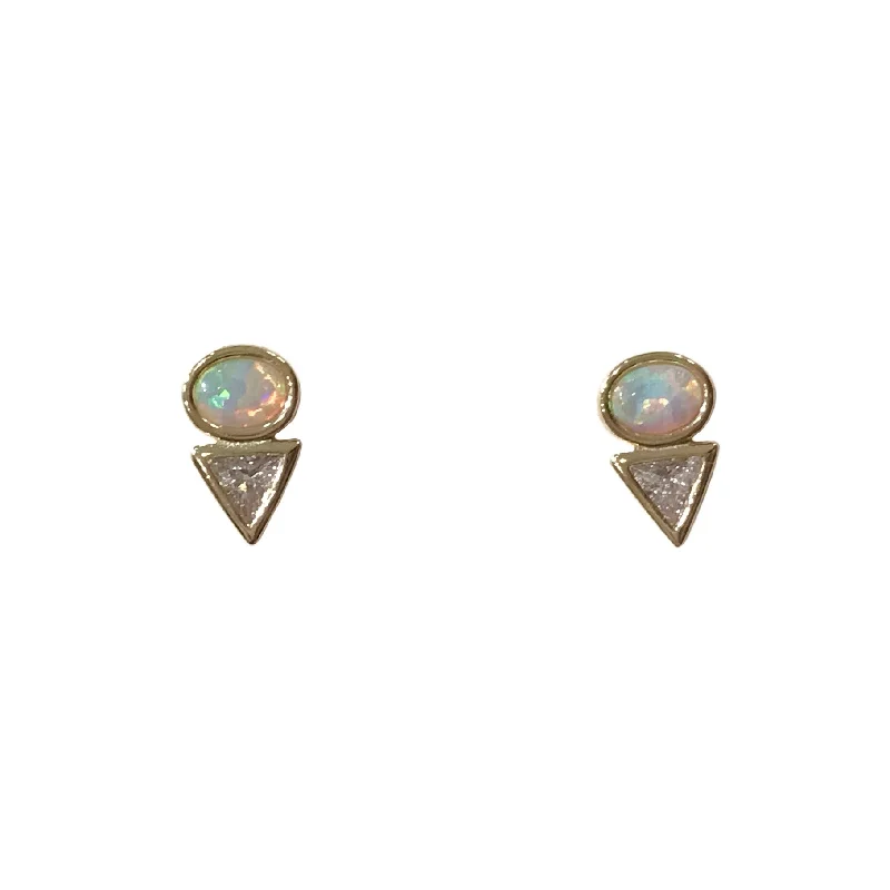 Ladies color-changing earrings-Sparkly White Opal Triangle Bezel Studs