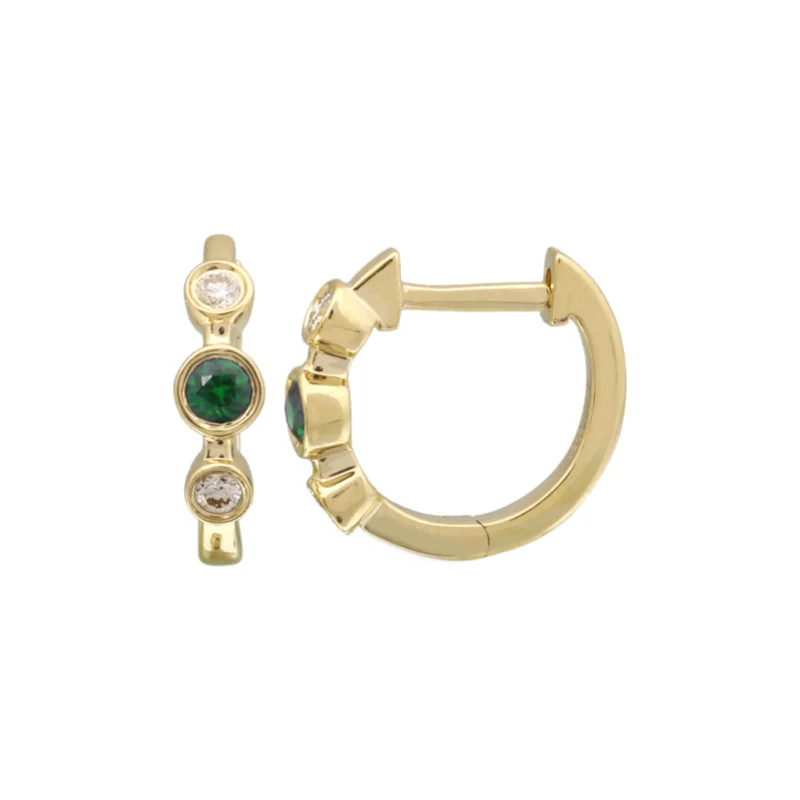 Ladies luxury earrings-Emerald and Diamond Bezel Mini Huggies