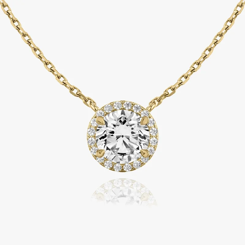 Ladies geometric necklaces-Brilliant Round Halo 14K Gold Necklace w. Lab-Grown Diamonds