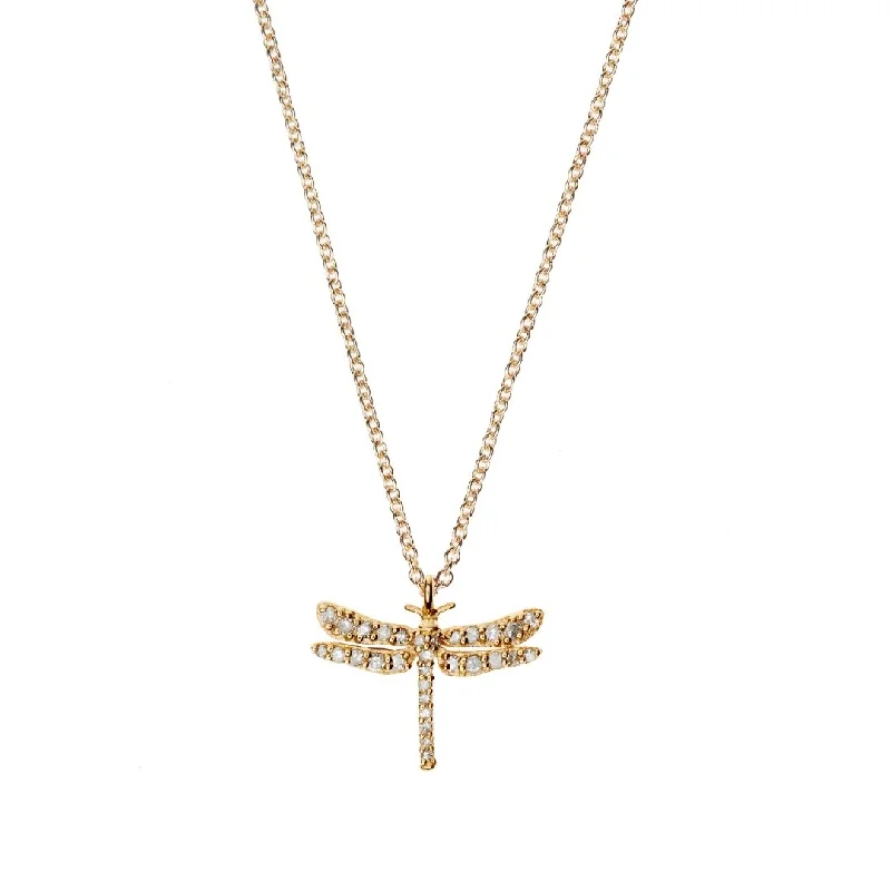 Ladies custom necklaces-Dragonfly Gold Plated Necklace w. Diamond