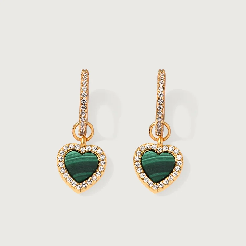 Ladies ruby earrings-Modern Love Malachite Heart Huggie Hoops