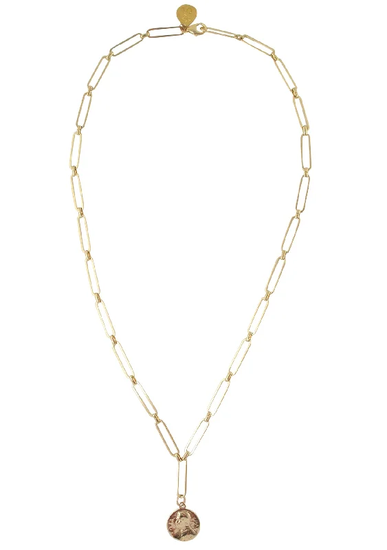 Ladies round-cut diamond necklaces-Gold Coin Thin Link Chain Necklace