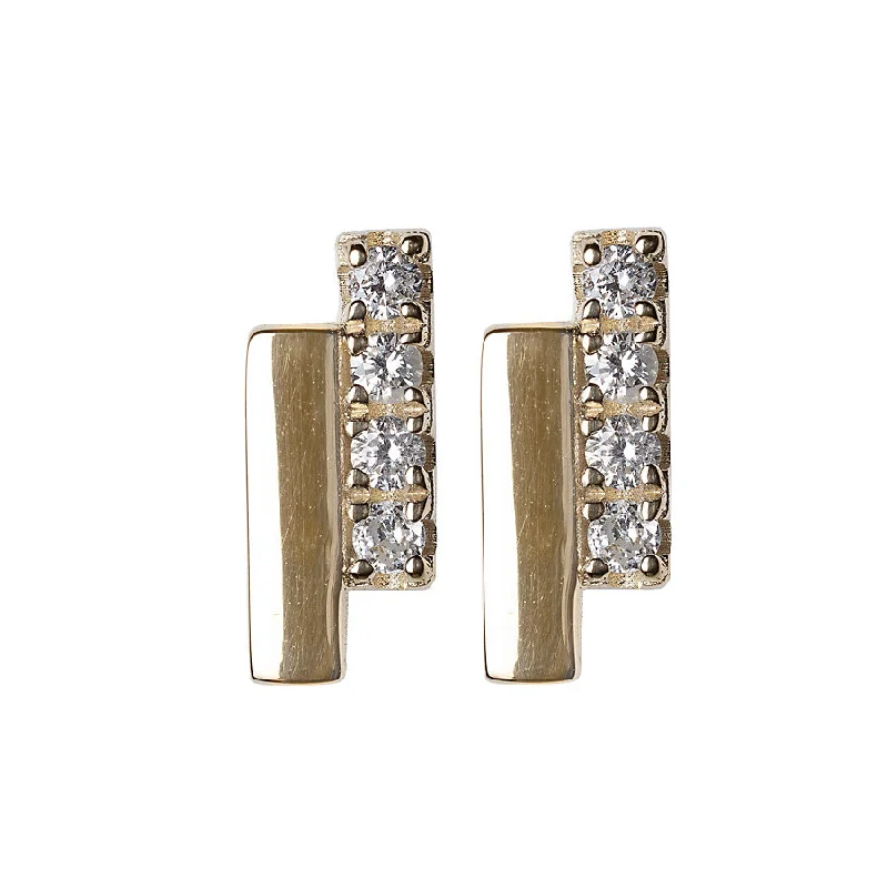 Ladies crystal earrings-Gold + Diamond Bar Studs