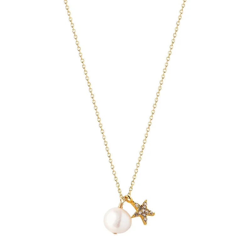 Ladies fine diamond necklaces-Pearl & Star Gold Plated Necklace w. Pearl & Diamond