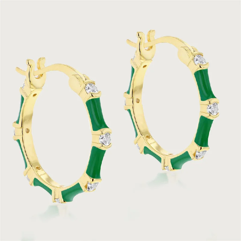 Ladies gold gemstone earrings-Taffy Enamel Bamboo Hoops With Zircons