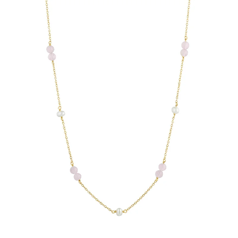 Ladies layered necklaces-Valentine 18K Gold Plated Necklace w. Pearls & Quartz