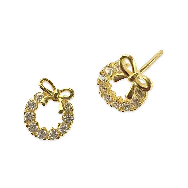 Ladies gold hoop earrings-Circle Sparkle Bow Studs