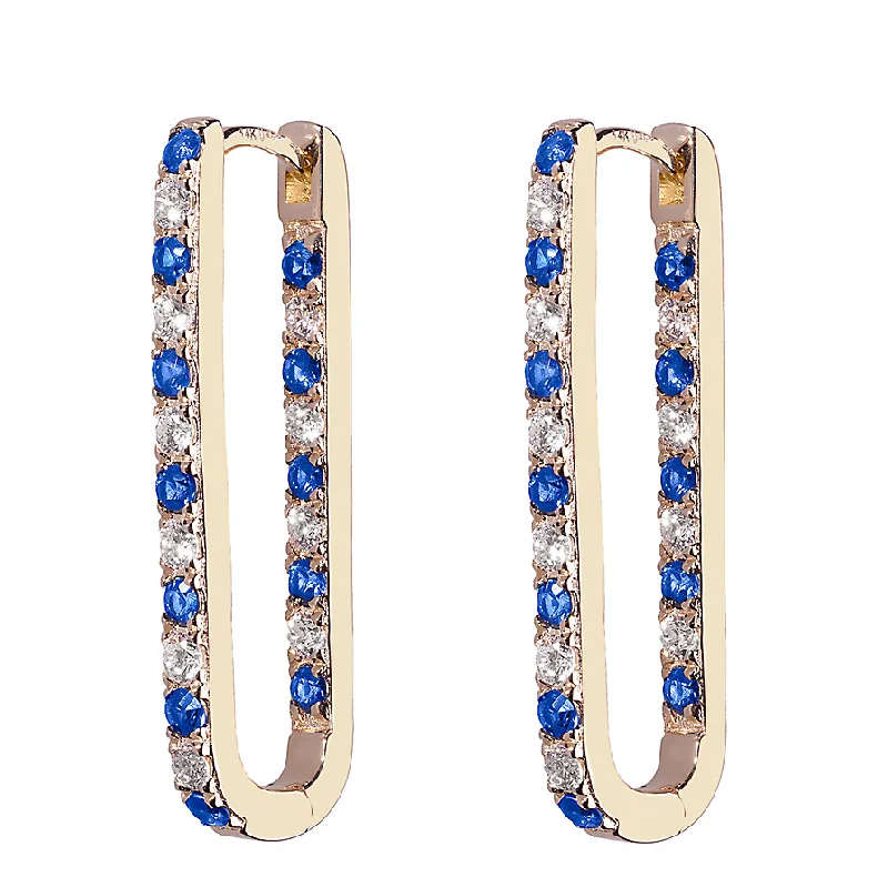 Ladies long earrings-Diamond + Blue Sapphire Inside Out Large Paperclip Hoop Earring