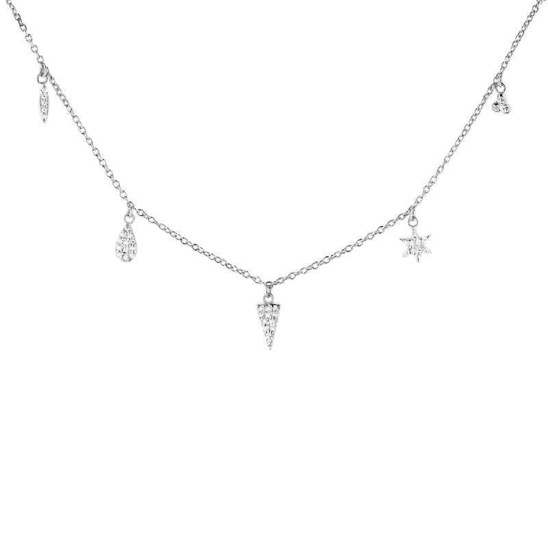 Ladies solid gold necklaces-5 Charm White Rhodium on Silver Necklace w. Zirconia