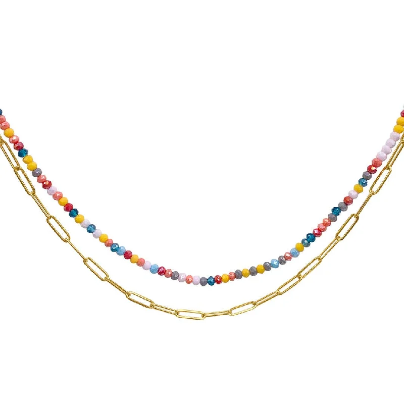 Ladies multi-stone necklaces-Multi Color Bead and Gold Paper Clip Chain Double Necklace