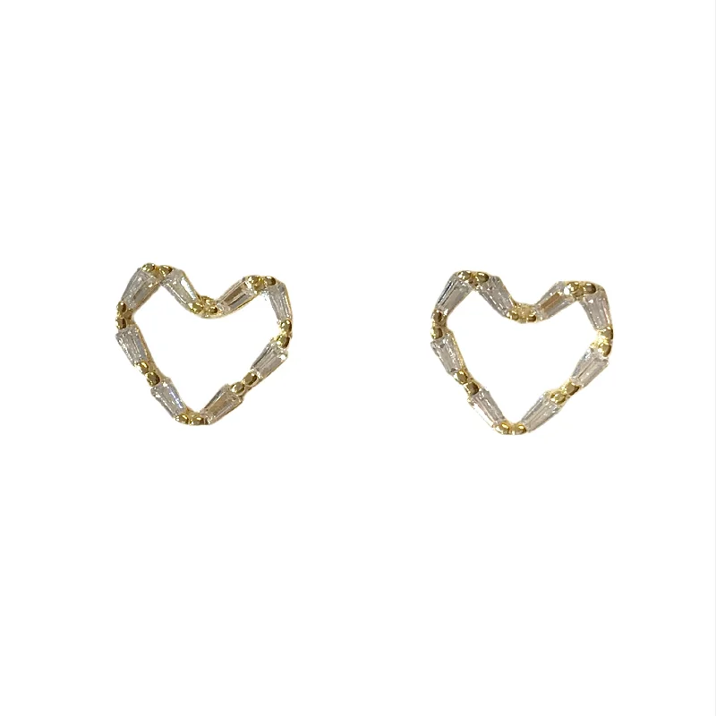 Ladies diamond drop earrings-Heart Baguette Outline Studs