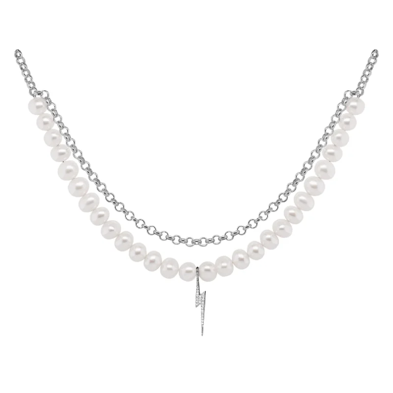 Ladies long necklaces-Bolt oxidized Silver Necklace w. Pearl & Zirconia