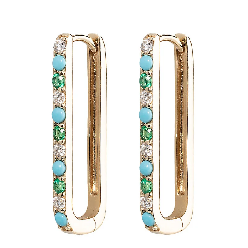 Ladies gold dangling earrings-Diamond Turquoise & Emerald Large Paperclip Hoop Earring