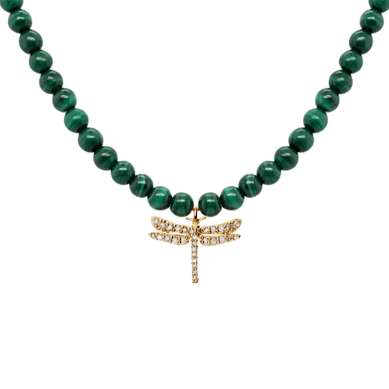 Ladies vintage pendant necklaces-Dragonfly Necklace 18K Gold Plated Necklace w. Malachite & Diamond