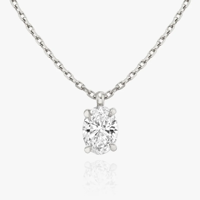 Ladies vintage pendant necklaces-Solitaire Oval 14K Whitegold Necklace w. Lab-Grown Diamond