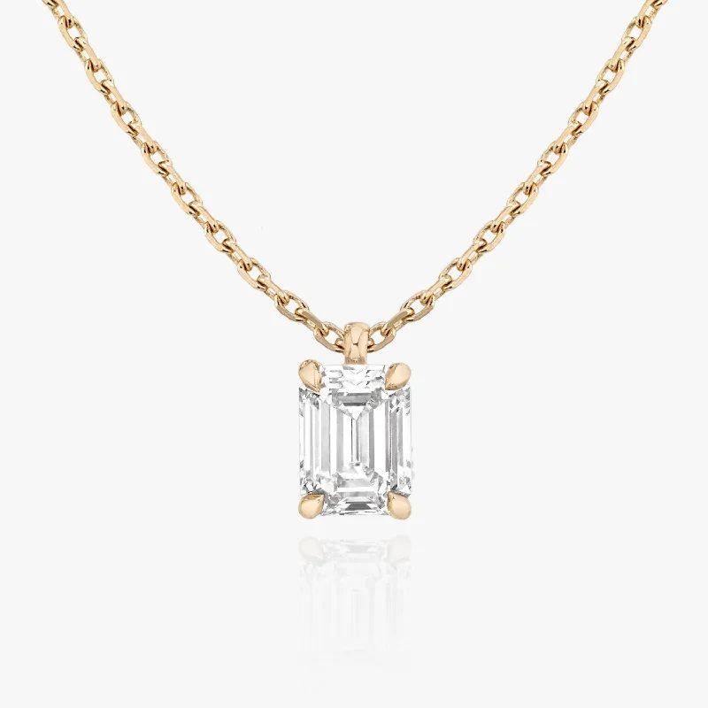 Ladies engraved gold necklaces-Solitaire Emerald 14K Rosegold Necklace w. Lab-Grown Diamond