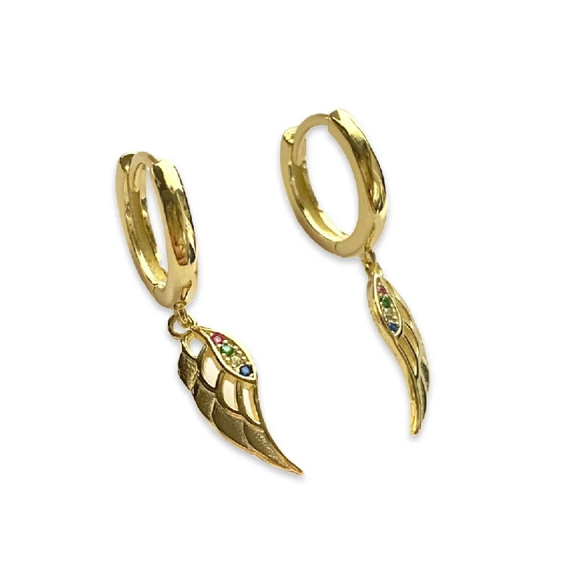 Ladies designer gold earrings-Angel Wing Rainbow Charm Huggies