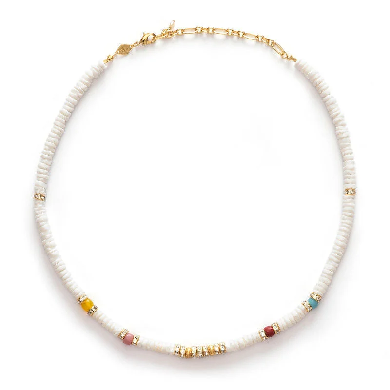 Ladies birthstone gemstone necklaces-Sun Dance Gold Plated Necklace w. White Beads & Gemstones