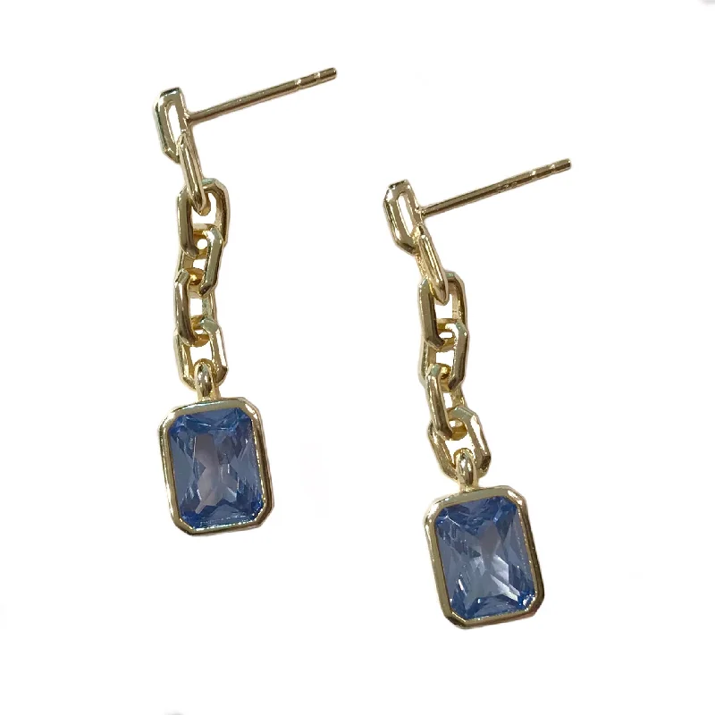 Ladies diamond earrings-Rectangle Bezel Chain Drop Studs