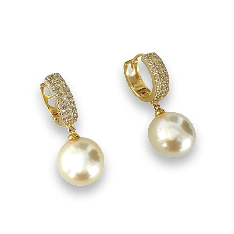 Ladies heart-shaped earrings-Carrie Pearl Pave Huggies