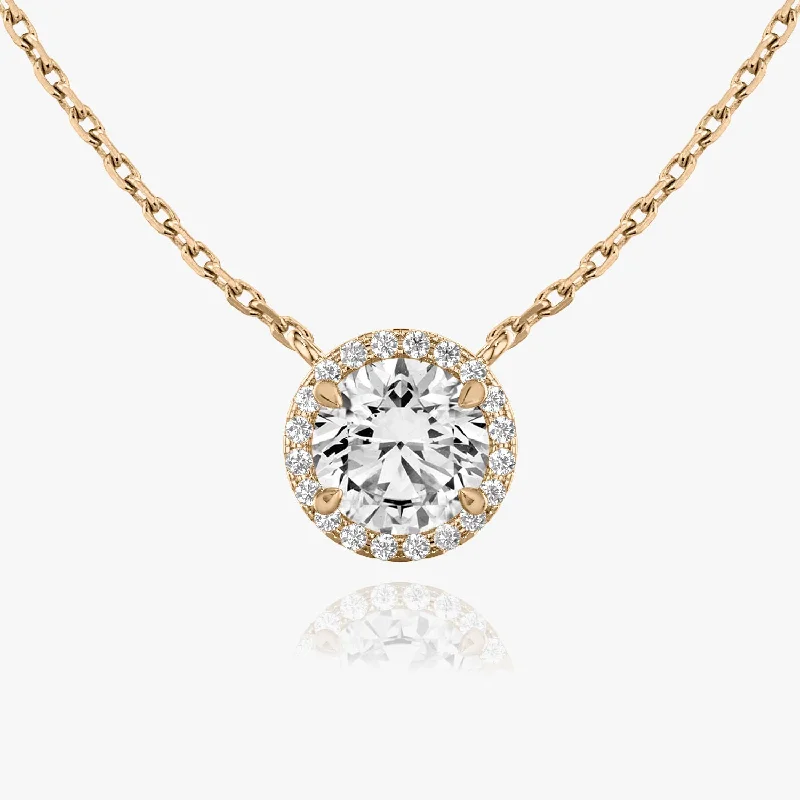 Ladies pendant necklaces-Brilliant Round Halo 14K Rosegold Necklace w. Lab-Grown Diamonds