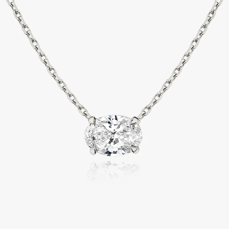 Ladies engraved necklaces-Solitaire Oval 14K Whitegold Necklace w. Lab-Grown Diamond