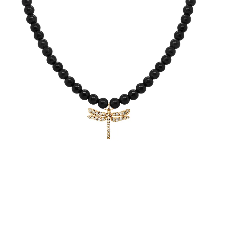 Ladies bridal gemstone necklaces-Black Dragonfly 18K Gold Plated Necklace w. Onyx & Diamond