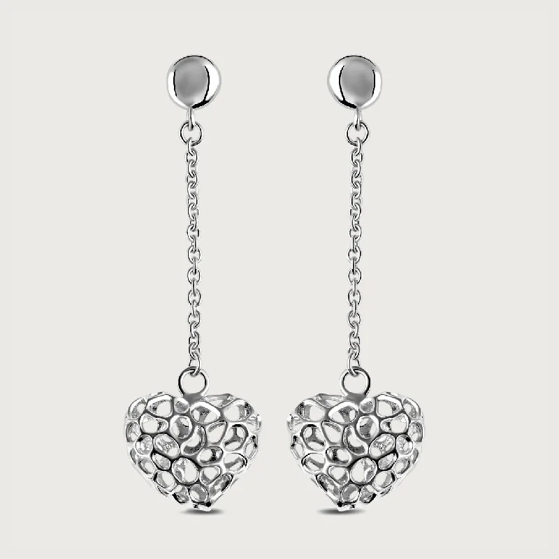 Ladies sterling silver earrings-Amore Heart Chain Earrings