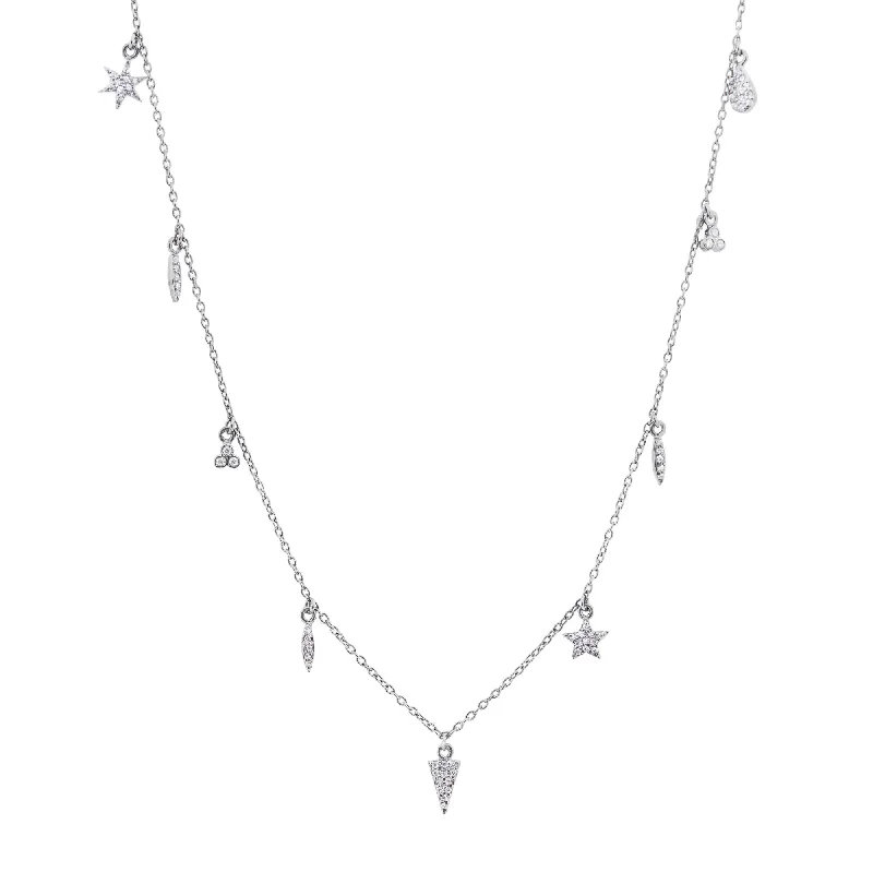 Ladies gemstone pendant necklaces-9 Charm White Rhodium on Silver Necklace w. Zirconia