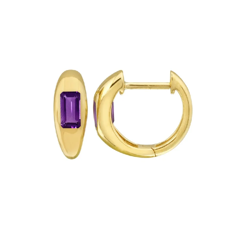 Ladies moonstone earrings-Gold Huggies -  Emerald Cut Amethyst