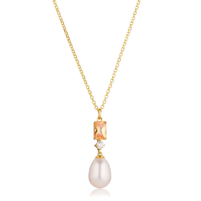 Ladies artistic pendant necklaces-Galatina 18K Gold Plated Necklace w. Zirconias & Pearl