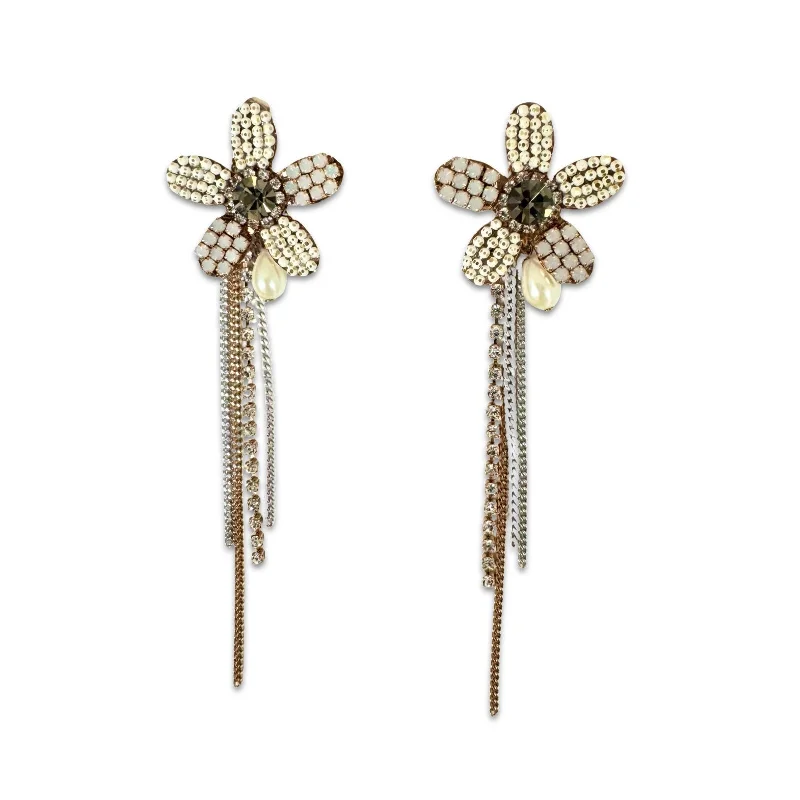 Ladies pearl drop earrings-Noellery Flower Pearl Statement Earrings