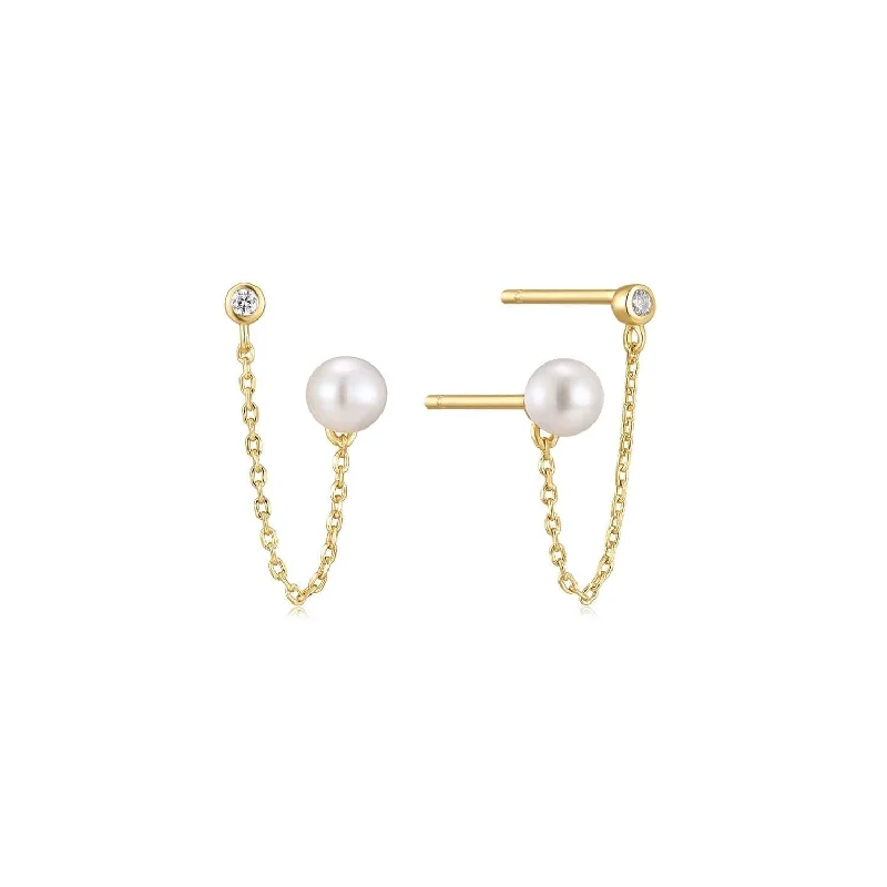 Ladies dangling earrings-Double Cz & Pearl Chain Link Earrings