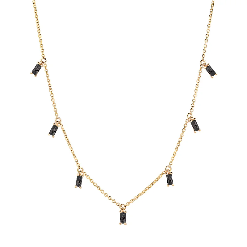 Ladies birthstone necklaces-Princess Baquette Gold Plated Necklace w. Black Zirconias