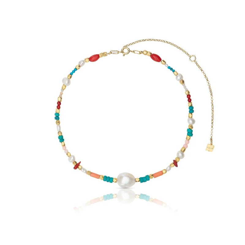 Ladies infinity symbol necklaces-Ningaloo 18K Gold Plated Necklace w. Coral, Pearls & Turquoise