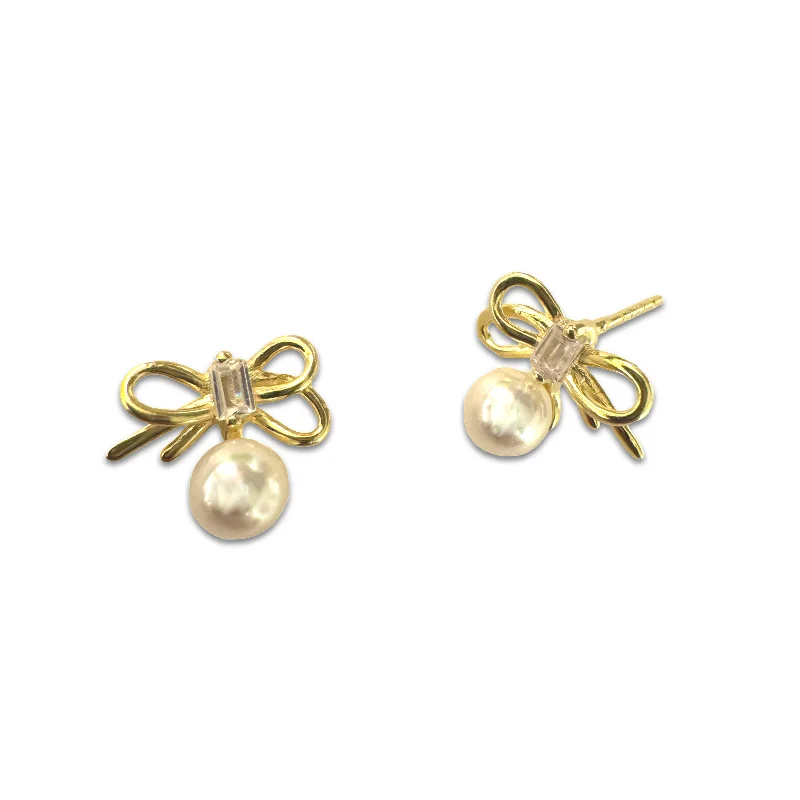 Ladies flower earrings-Pearl Ribbon Bow Studs