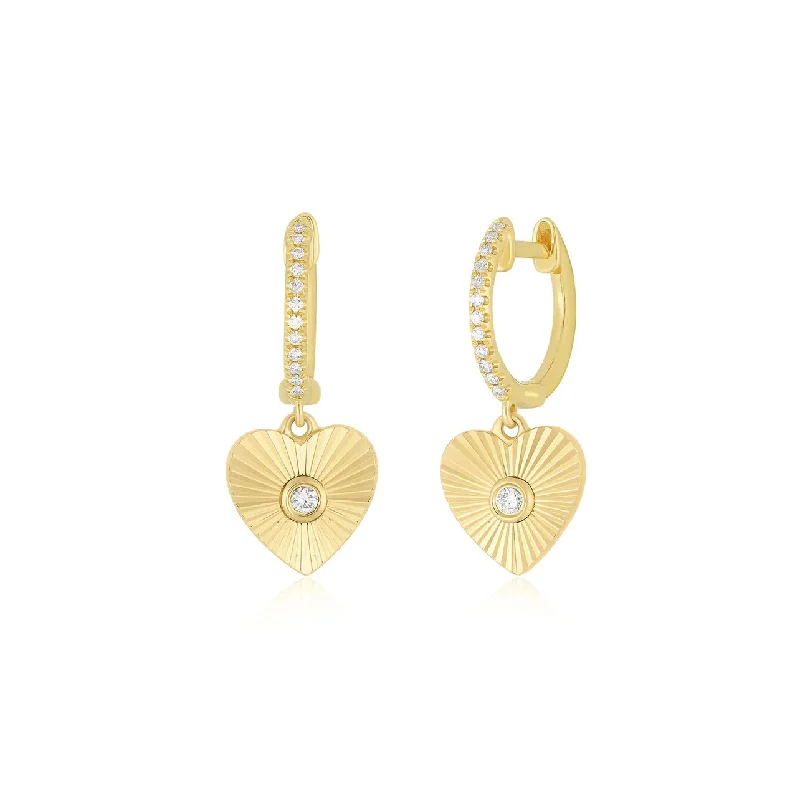 Ladies engraved earrings-Gold and Diamond Fluted Heart Drop Huggies