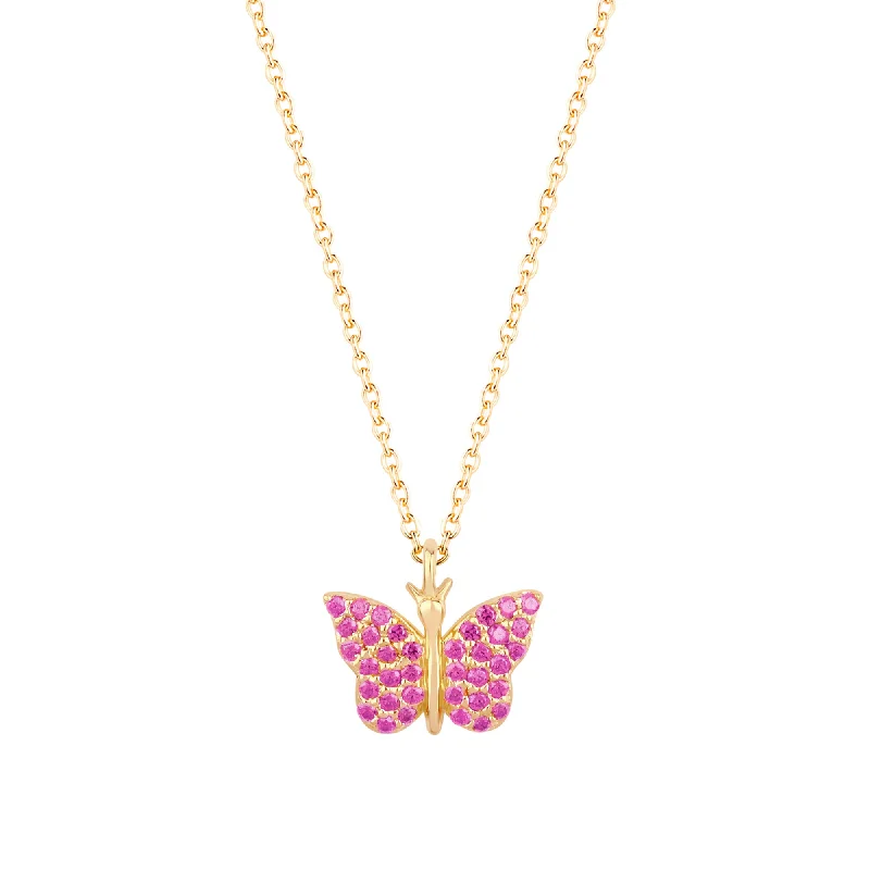 Ladies white gold necklaces-Butterfly 18K Gold Plated Necklace w. Pink Zirconias