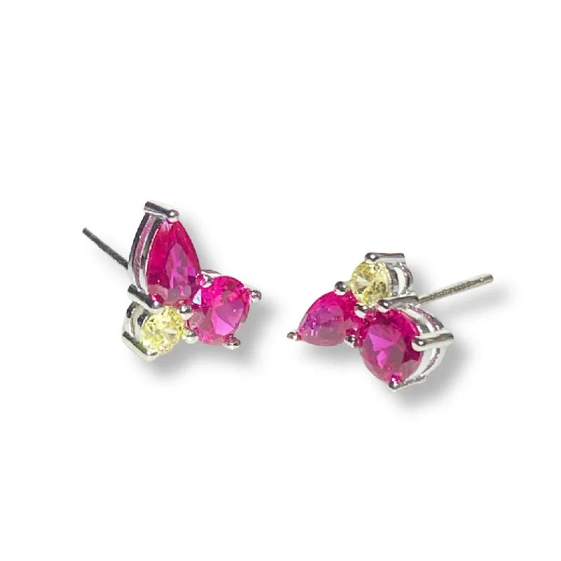 Ladies huggie earrings-Magenta Cluster Triple Stone Studs