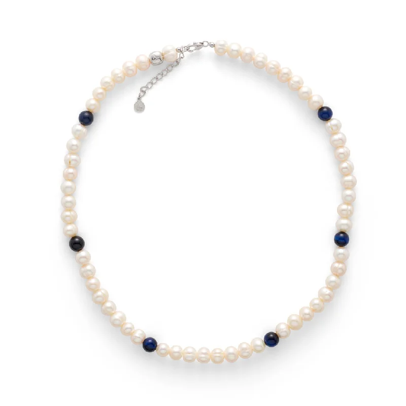 Ladies multi-stone necklaces-Silver Necklace w. Pearls & Blue Tiger's Eye