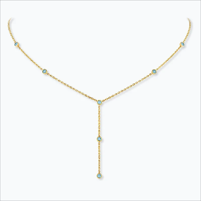 Ladies fashion necklaces-7 Stone 18K Gold Necklace w. Aquamarine