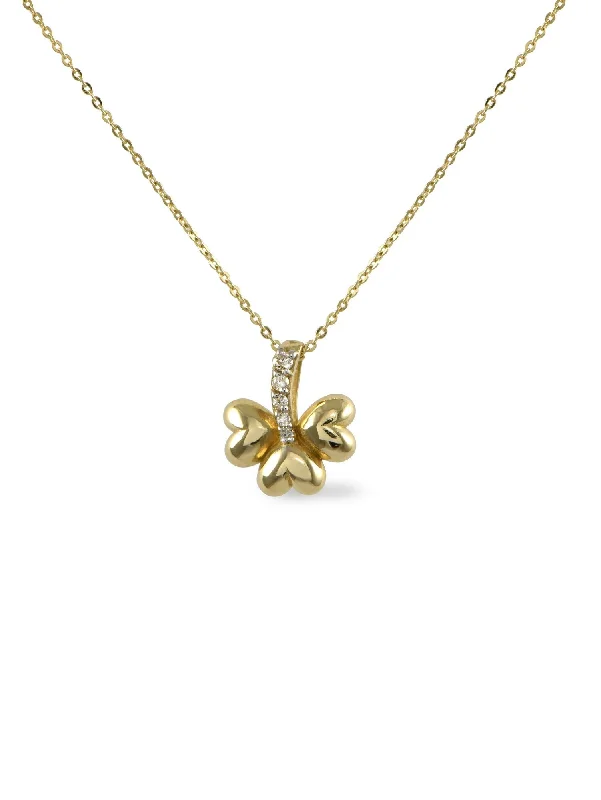 Ladies luxury necklaces-Heart Clover 14K Gold Necklace w. Diamond