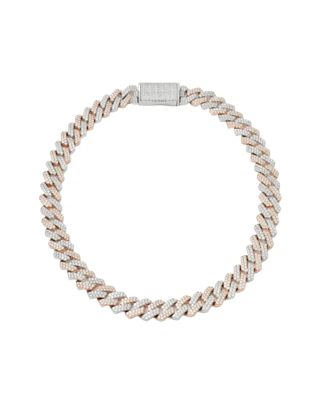 Ladies white gold necklaces-14mm Prong Pavé 18K Rose Gold & Rhodium coated Silver Necklace w. Moissanite