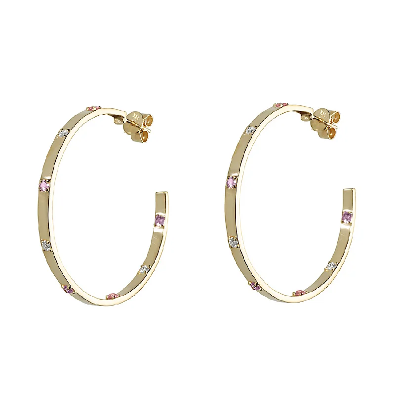 Ladies fashion earrings-Diamond & Pink Sapphire Ribbon Hoop Earrings