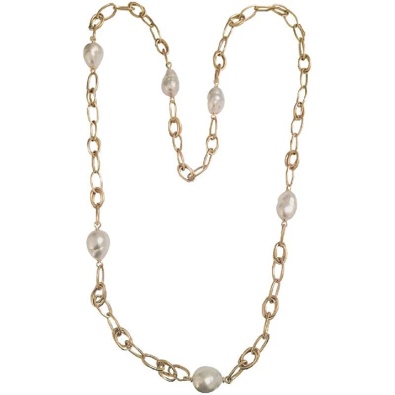 Ladies dainty necklaces-Baroque pearl Yellow Gold Marquise Link chain necklace