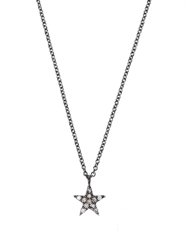 Ladies fashion necklaces-Small Star Black Ruthenium on Silver Necklace w. Diamonds