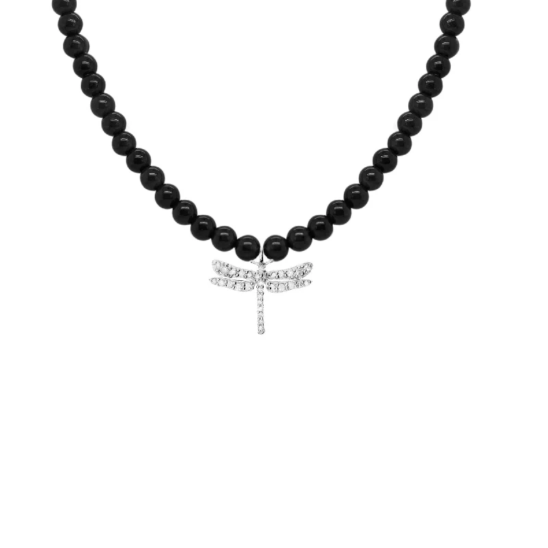 Ladies minimalist necklaces-Black Dragonfly Silver Necklace w. Onyx & Diamond